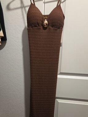 Brown Sleeveless Ribbed Knit Maxi Dress